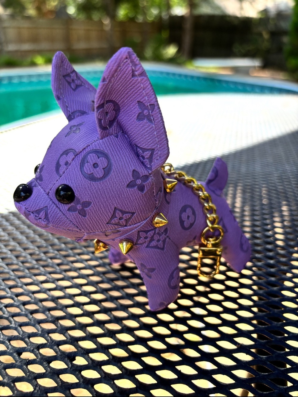 Bag Charm/Key Fob adorable Purple Frenchie with Gold Accents and spiked collar! - Picture 7 of 8